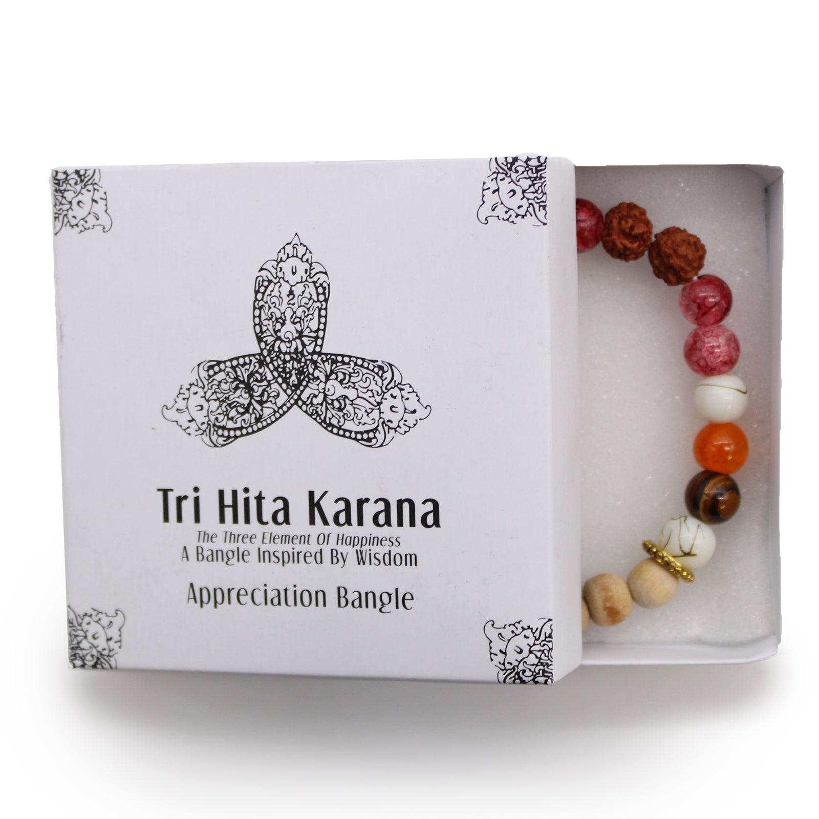 Tri Hita Karana bangle with multicolored beads inside a white appreciation bangle box from My Store