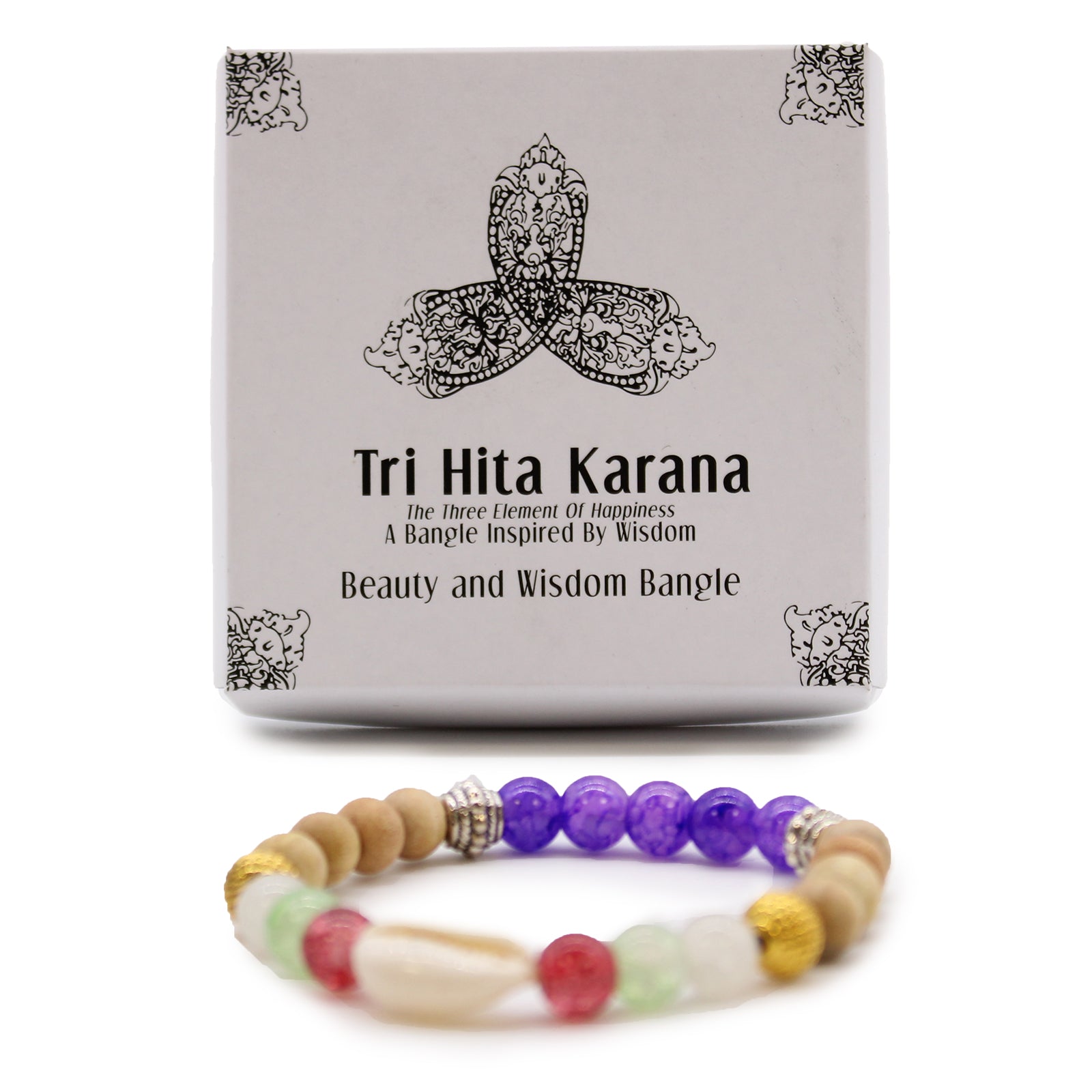 Tri Hita Karana bangle with multicolored beads and wooden accents in decorative packaging box