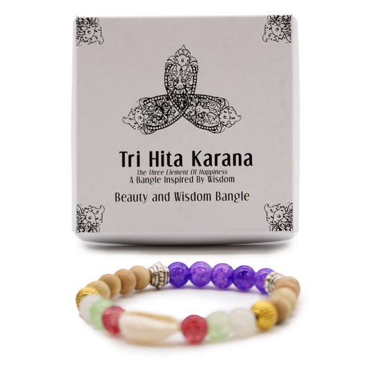 Tri Hita Karana bangle with multicolored beads and wooden accents in decorative packaging box