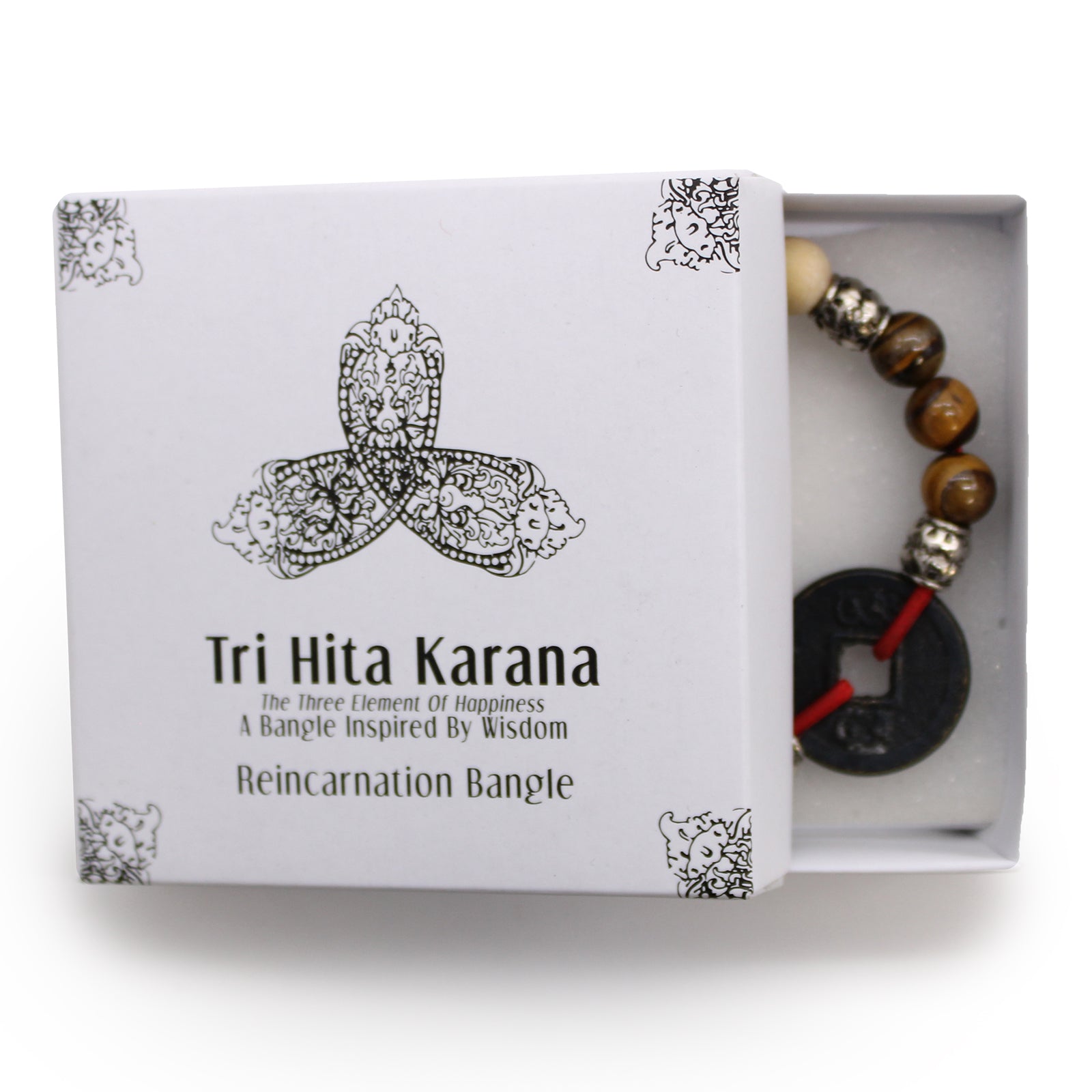Tri Hita Karana bangle with wooden beads and silver accents in a white presentation box