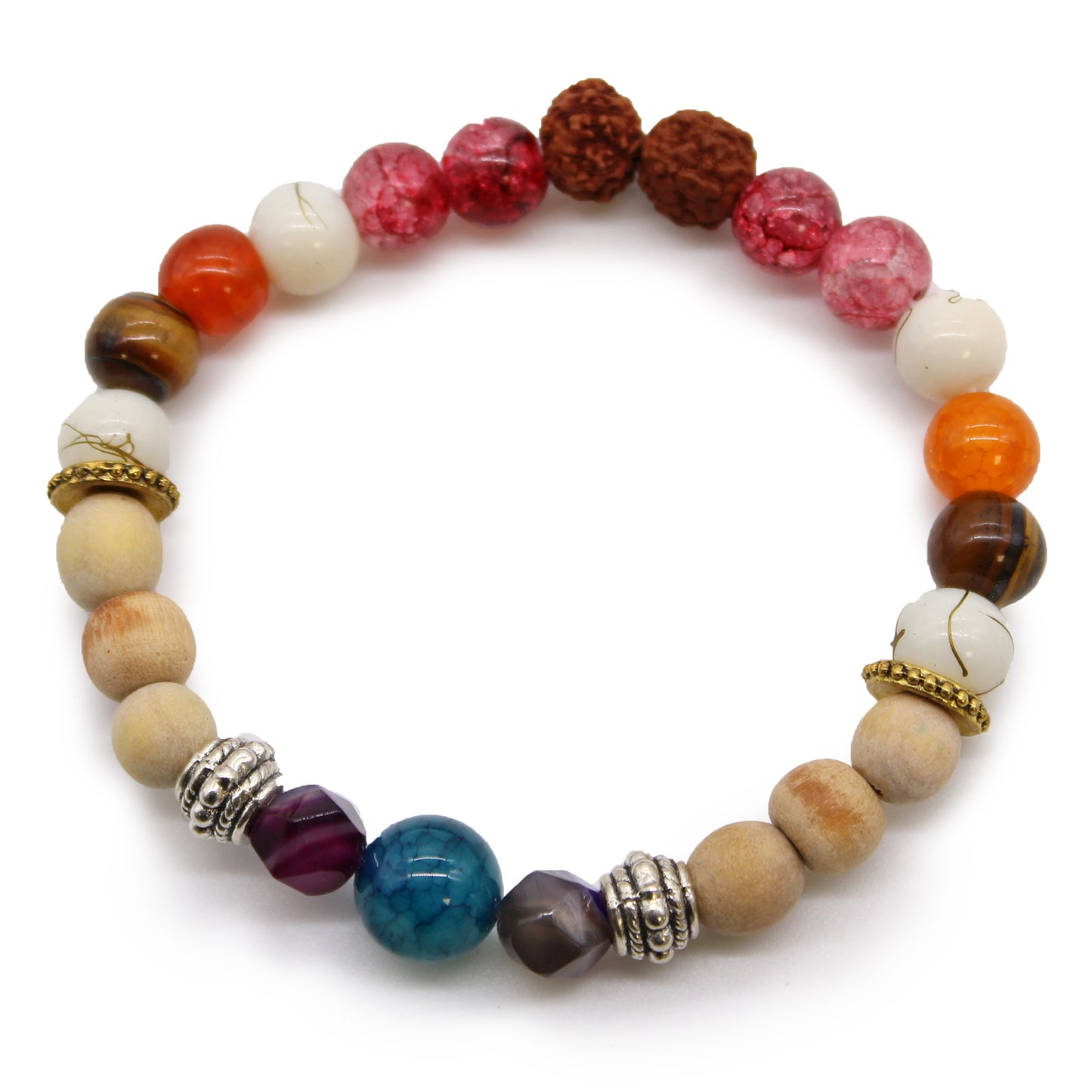 Colourful beaded Tri Hita Karana bangle with wooden and metal accent beads in a circular design