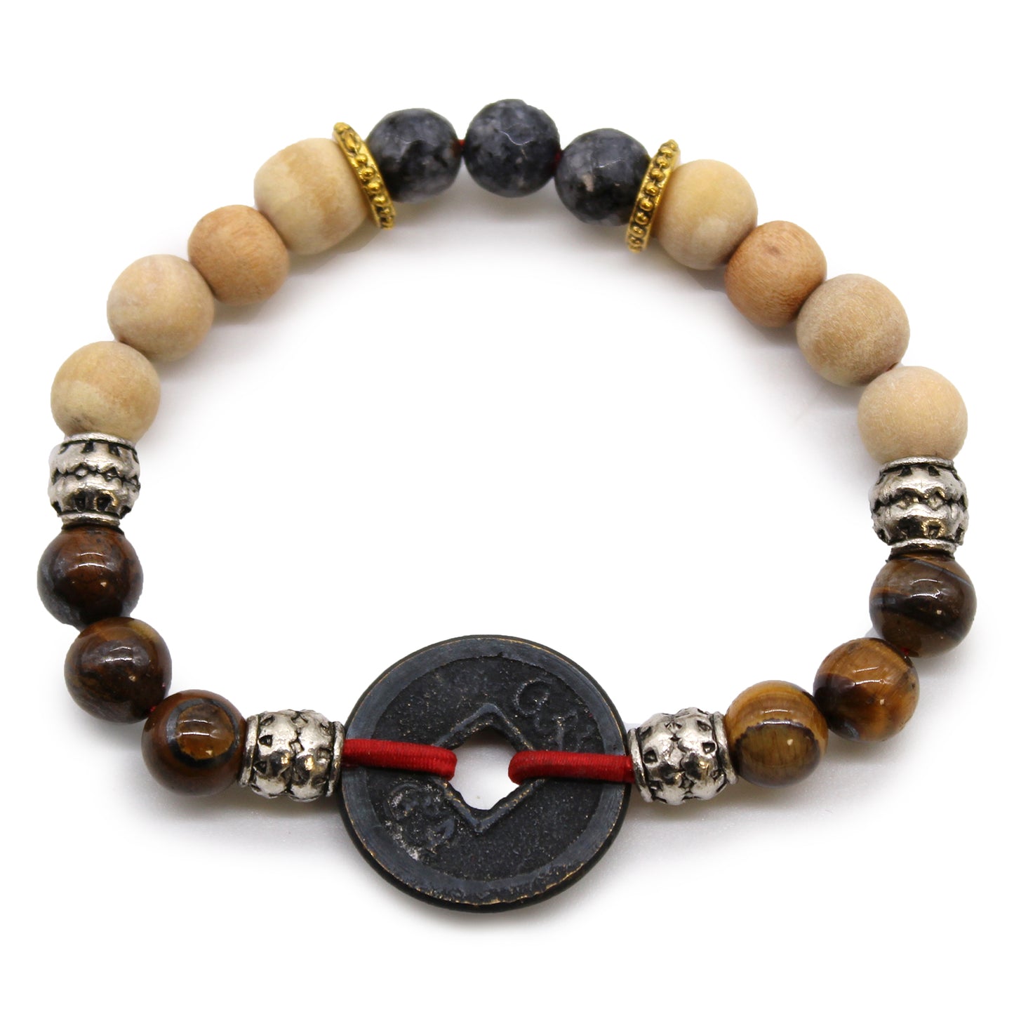 Tri Hita Karana bangle with natural wood beads stone accents and central black medallion on red cord