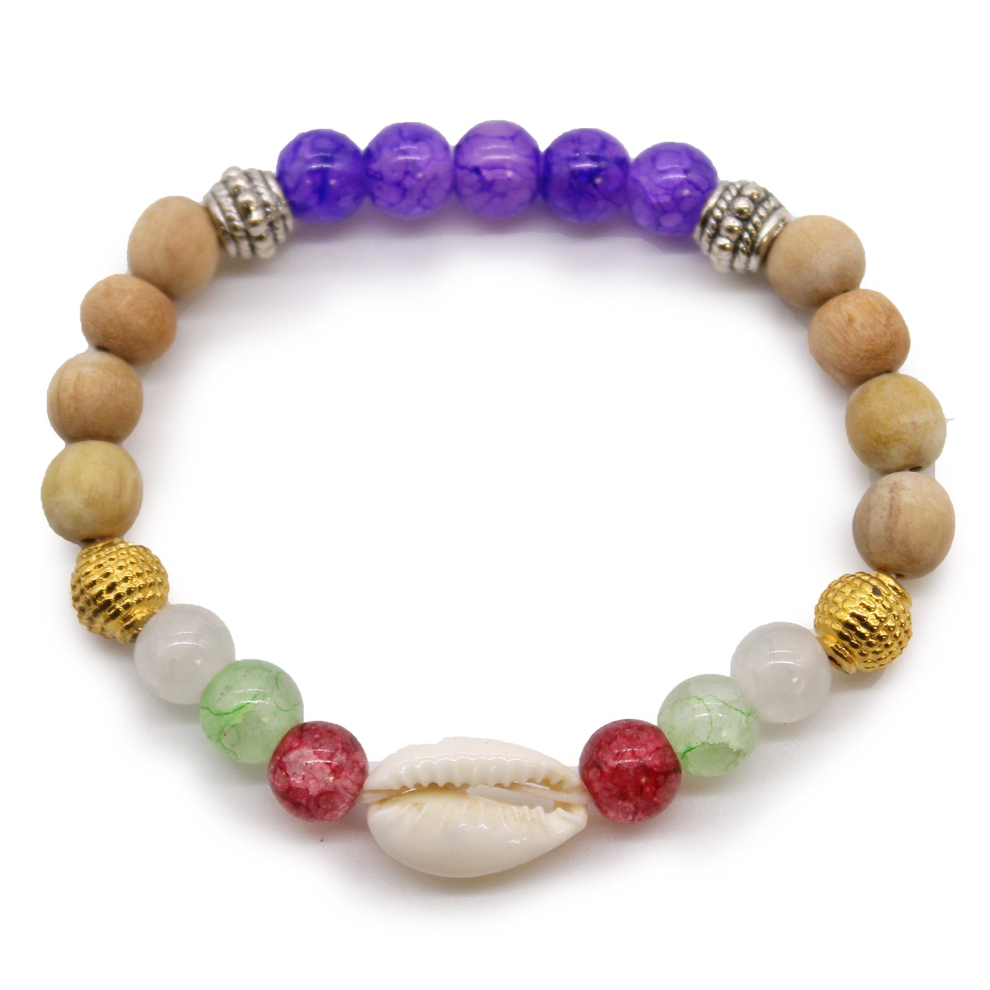 Tri Hita Karana bangle with purple, green, red, wooden beads and central white shell design