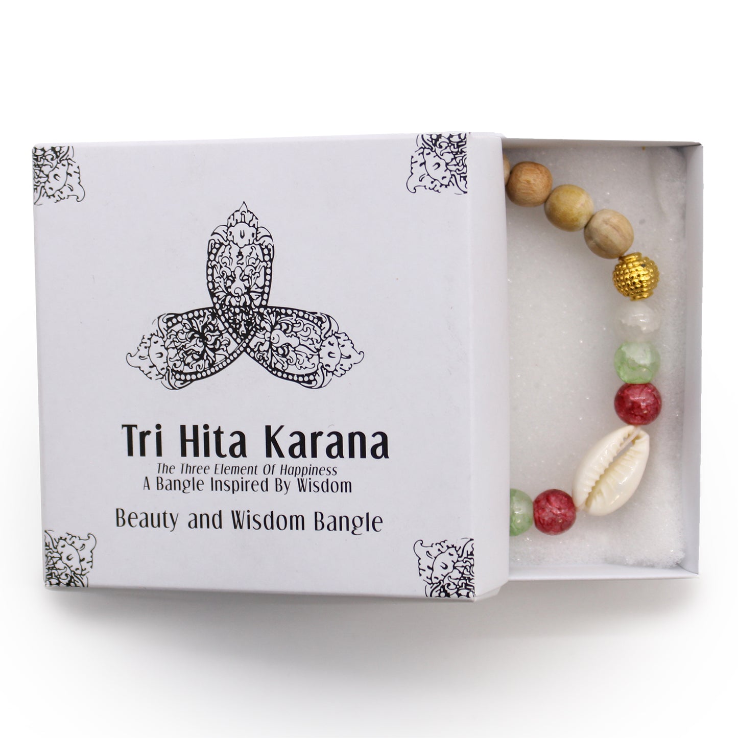 Tri Hita Karana bangle with multicoloured beads and shell in a white presentation box from My Store