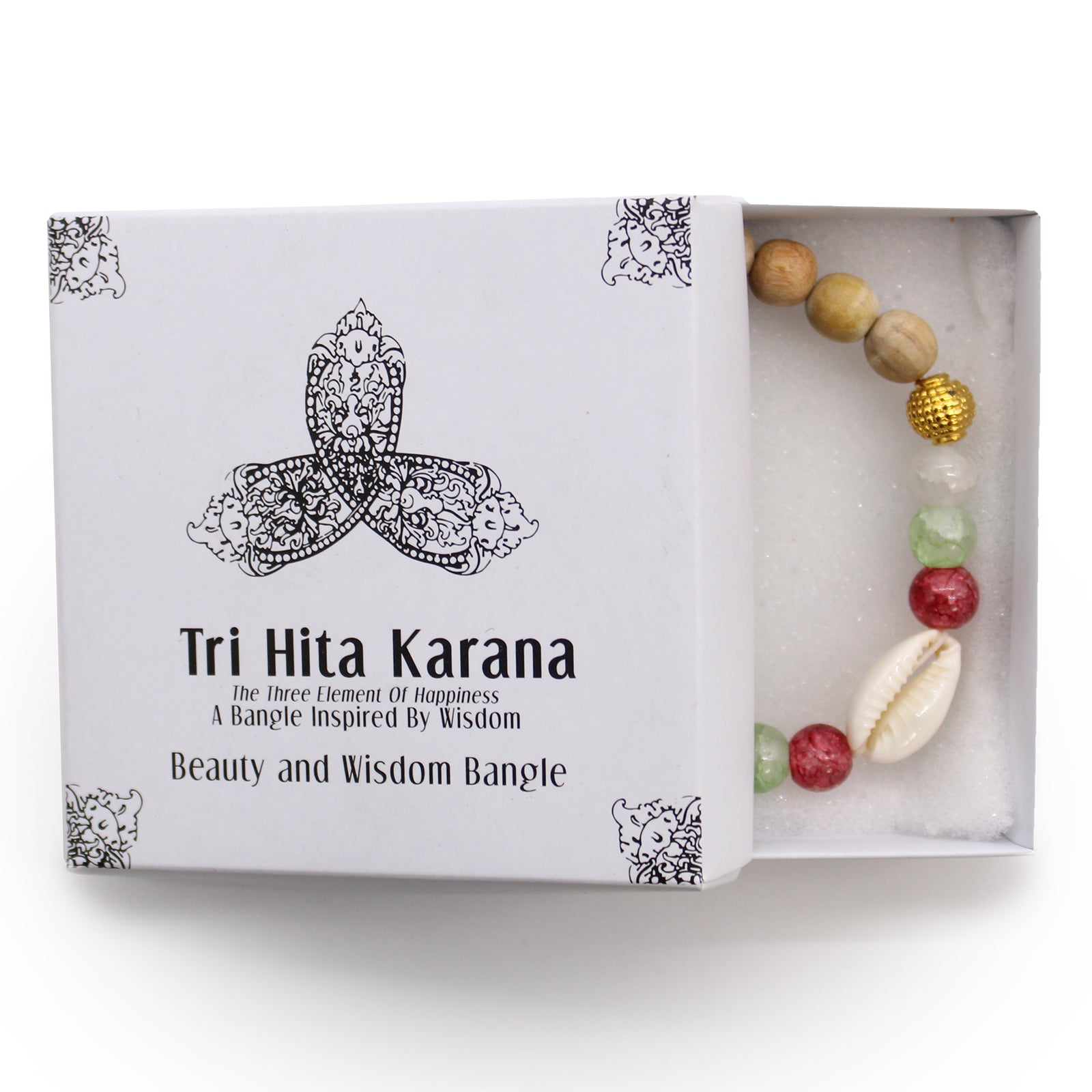 Tri Hita Karana bangle with multicoloured beads and shell in a white presentation box from My Store