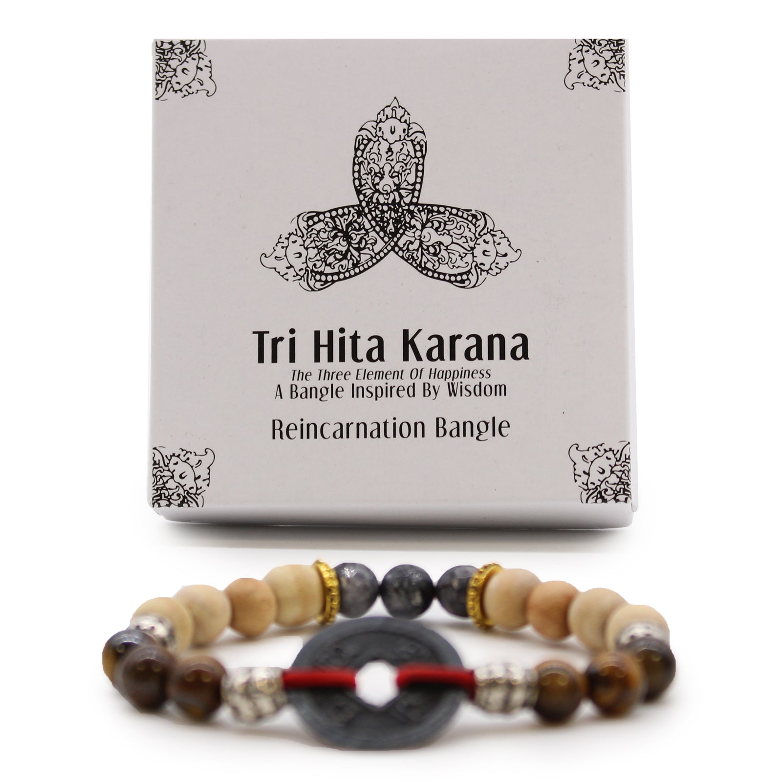 Tri Hita Karana bangle with natural wooden and stone beads beside decorative box from My Store