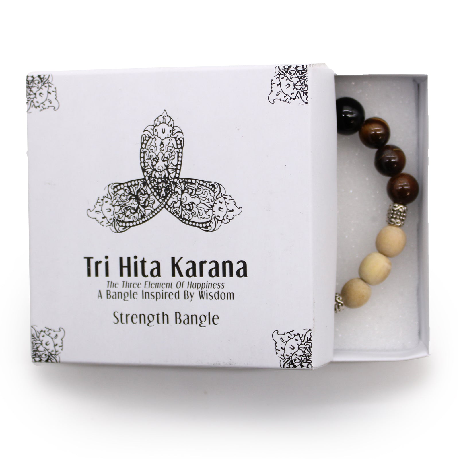 Tri Hita Karana bracelet with wooden and dark beads in a white strength bangle box