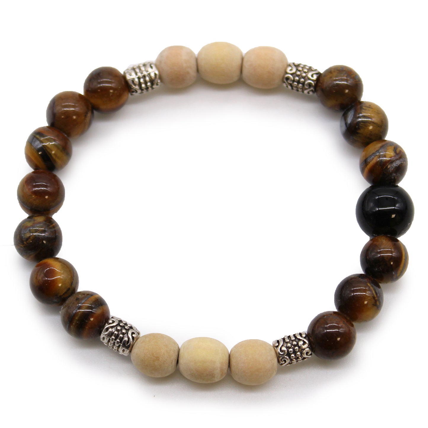 Tri Hita Karana bracelet featuring brown tiger eye beads and beige wooden beads with silver spacers