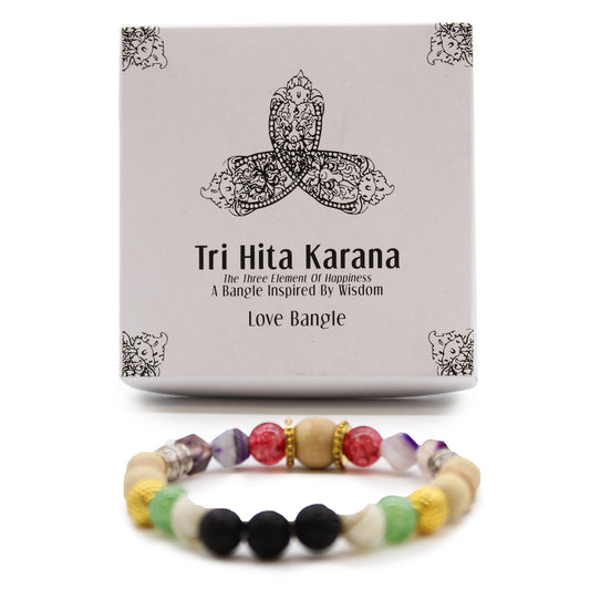 Tri Hita Karana love bangle with multicoloured beads and decorative packaging from My Store