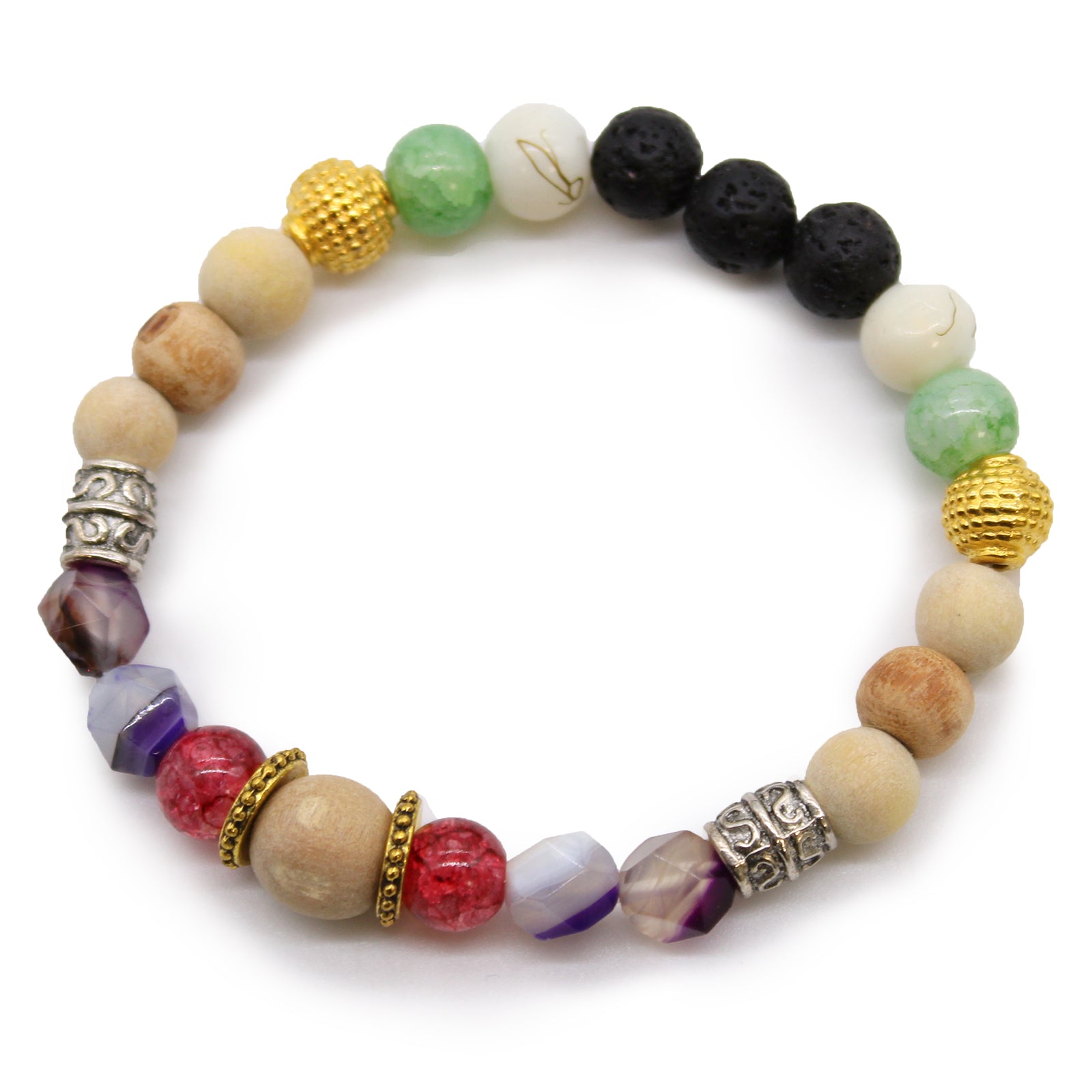 Tri Hita Karana love bangle featuring multicolour beads with gold and silver accents