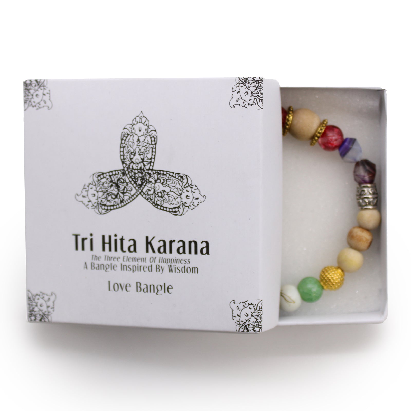Tri Hita Karana love bangle with multicolored beads in decorative white box from My Store