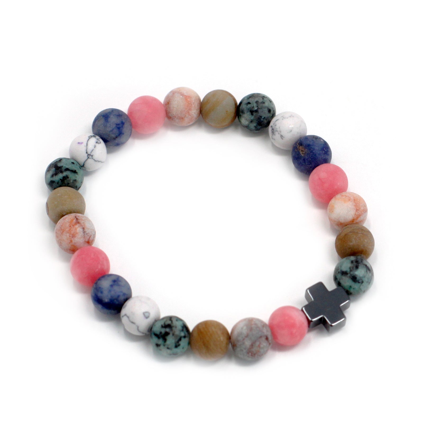 Colourful gemstone friendship bracelets set with round beads and a black cross charm on white background