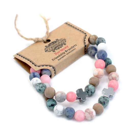 Gemstone friendship bracelets set with multicolour beads and silver cross charms on brown tag