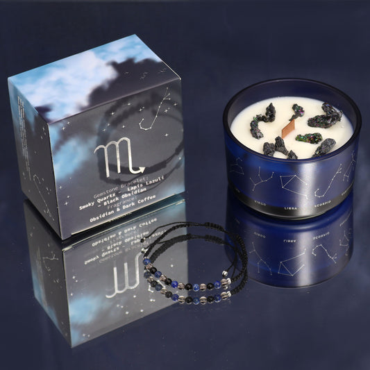 Scorpio zodiac crystal candle by Samsara Wellbeing with constellation design and decorative crystals in blue jar
