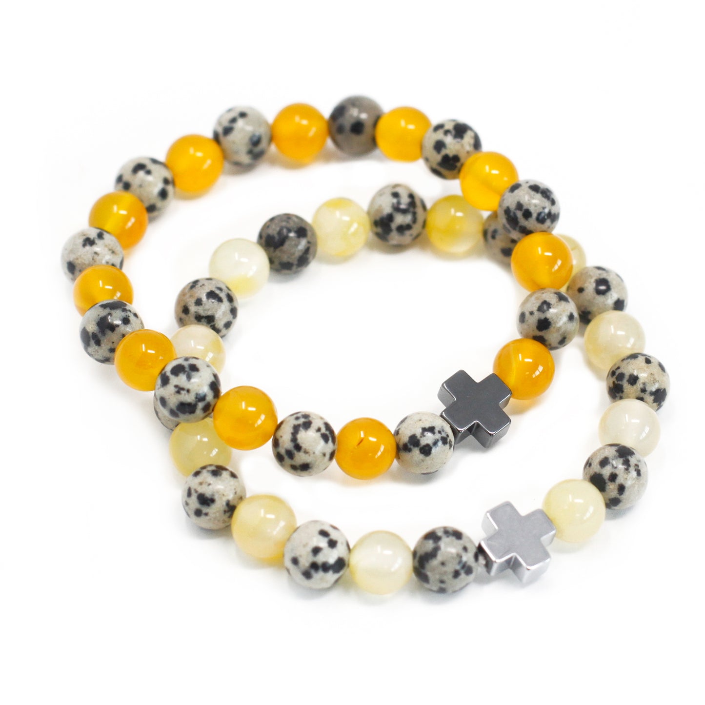 Set of gemstone friendship bracelets featuring yellow, spotted, and pale beads with silver cross charms